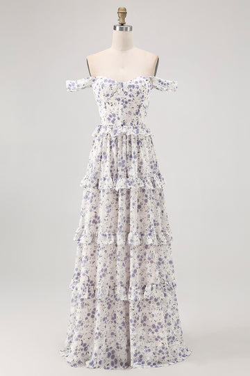 Purple Floral Off The Shoulder A Line Bridesmaid Dress with Lace Up Back